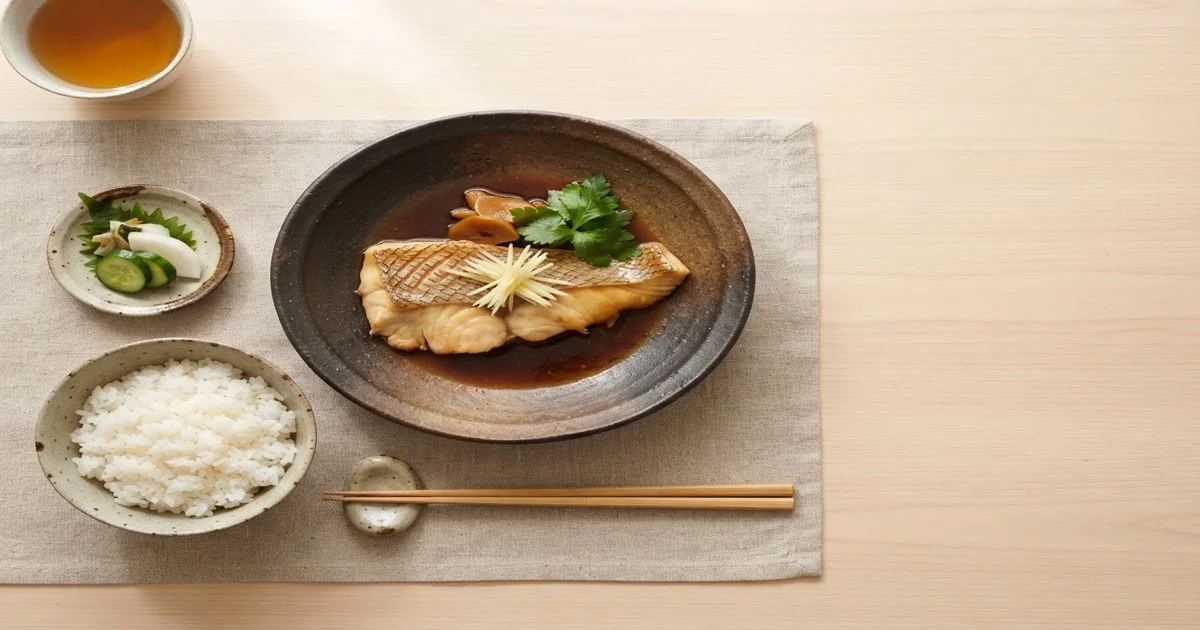 白身魚の煮付け：醤油・みりんで仕上げた照りのある和食