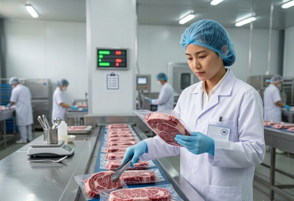 Illustrative image combining food certification marks, frozen beef packaging and a clean factory inspection line