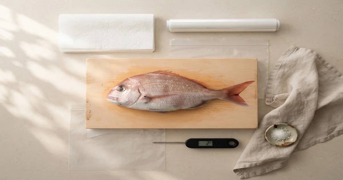 キッチンペーパーで水気を拭いた鮮魚とラップ、保存容器が並ぶ清潔なキッチン