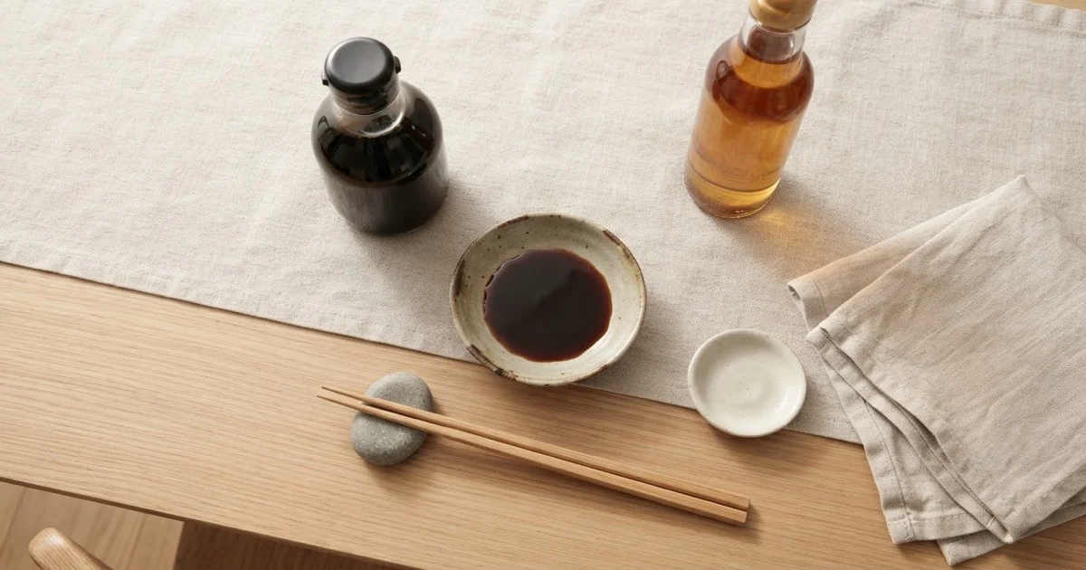 Chai nước tương Nhật Kikkoman bên cạnh đĩa sashimi cá hồi và bát nước chấm trên bàn bếp tại TP.HCM