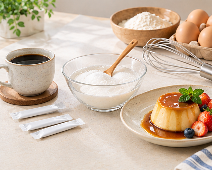 Photo of three low-calorie sweeteners arranged on a table
