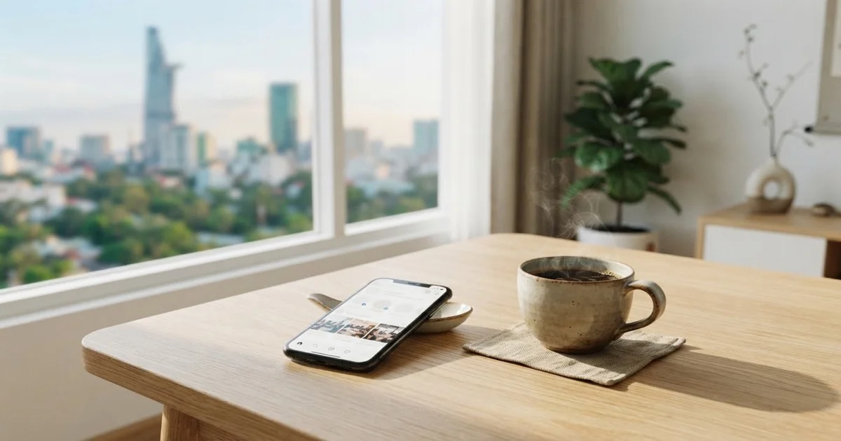 木製テーブルの上のスマートフォンとコーヒー。ホーチミンのアパートの窓から差し込む温かい光