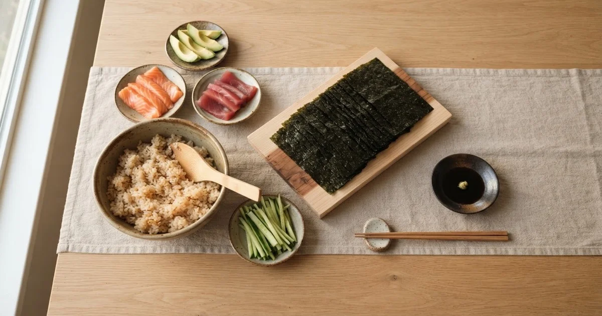手巻き寿司パーティーの食卓：酢飯、サーモン、マグロ、野菜のネタ