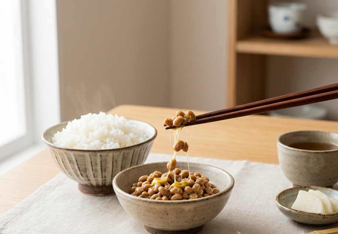 Ảnh hộp natto đậu nành Nhật đặt trên nền gỗ sáng, kèm bát cơm trắng