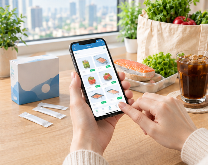 Ảnh so sánh kệ siêu thị Nhật tại TP.HCM và app Farmi trên điện thoại