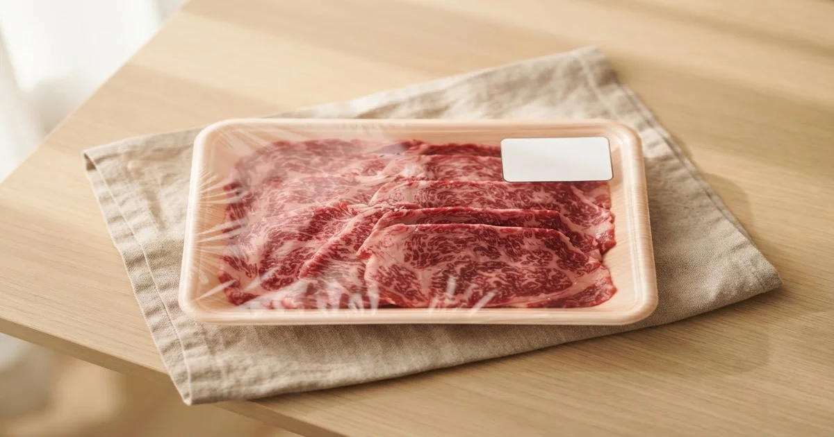 肉のパッケージに表示された賞味期限ラベルの写真