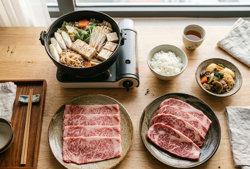 ホーチミンのキッチンで調理中のすき焼きと焼肉丼、肉じゃが