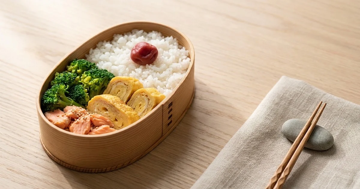 日本米で作ったお弁当を木のテーブルに置いた写真