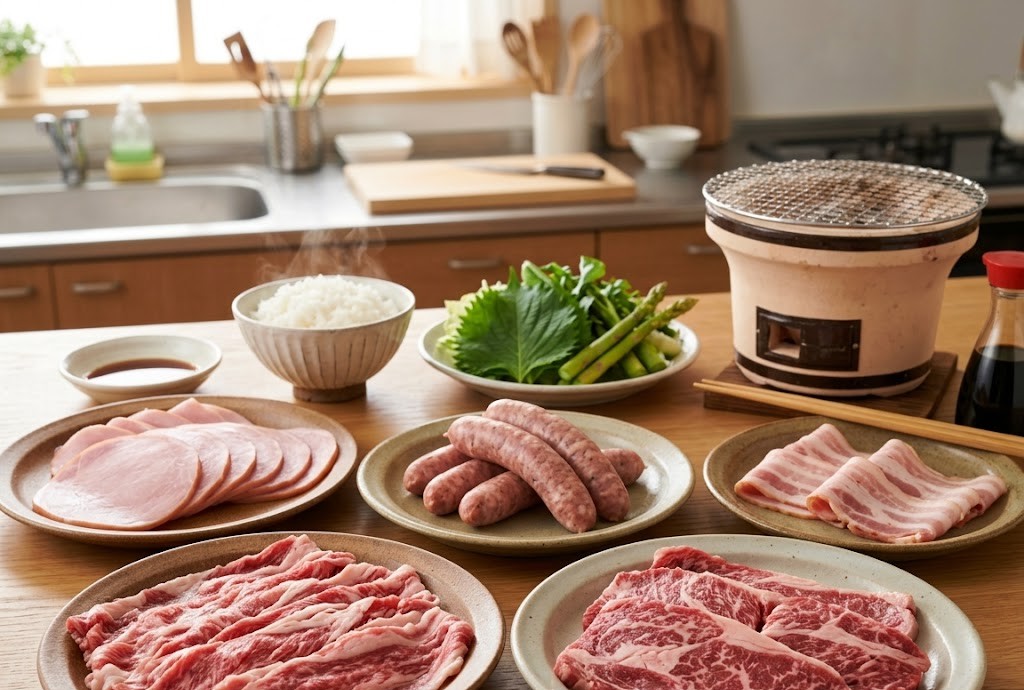 Photo of Nippon Ham processed-meat products arranged on a wooden kitchen counter