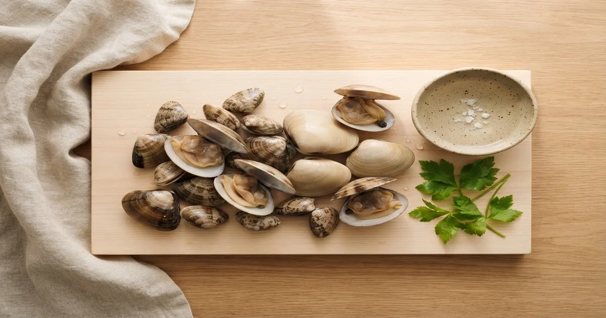 Ảnh nhìn từ trên: nghêu và sò đang ngâm nhả cát trong nước muối