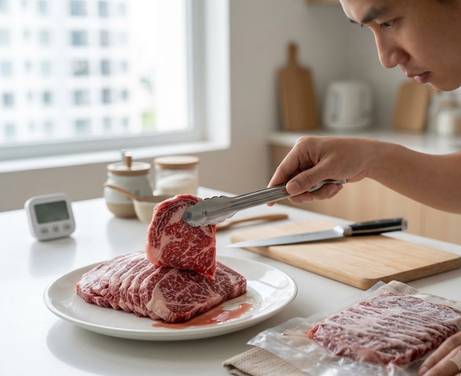 冷凍牛肉のパッケージと冷蔵庫・氷のイメージ写真