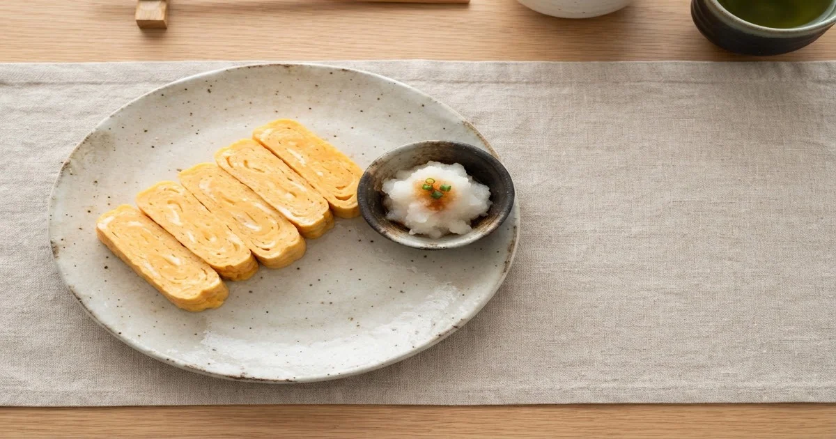 Fluffy dashimaki tamago sliced to show the golden dashi-flavored layers