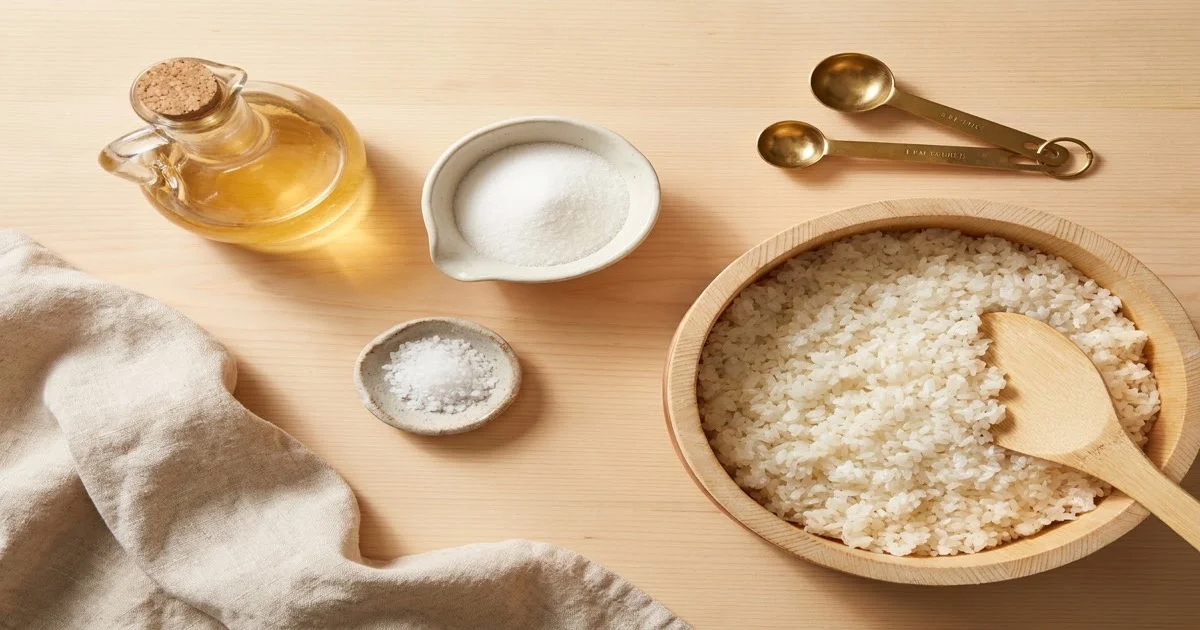 Sushi vinegar ingredients: rice vinegar, sugar, salt and sumeshi in a wooden bowl