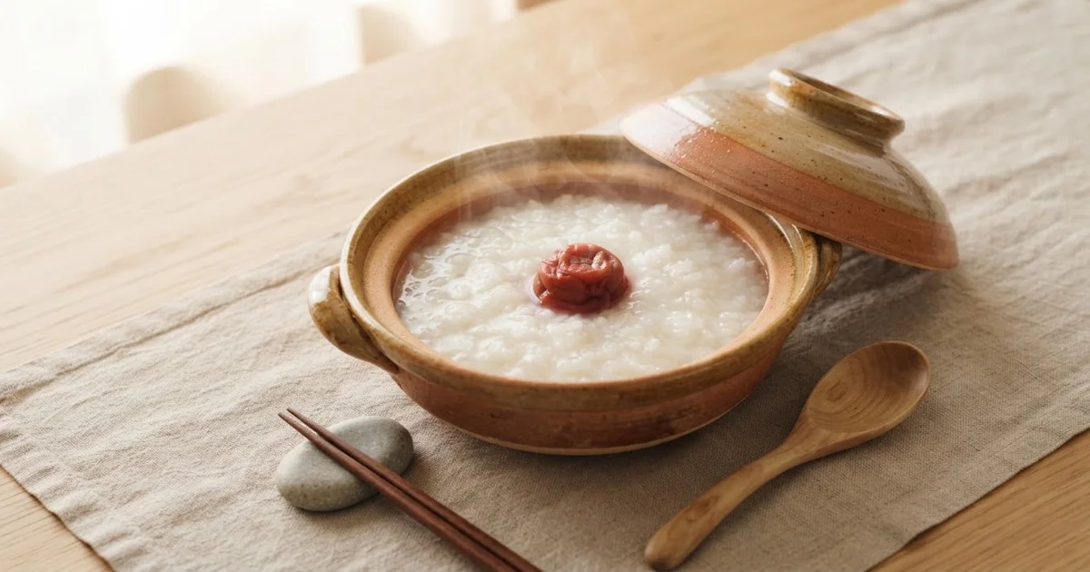Japanese rice porridge okayu in a bowl, showing zengayu and nanabugayu consistency