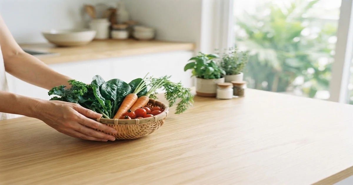 A box of fresh organic vegetables delivered at home in HCMC