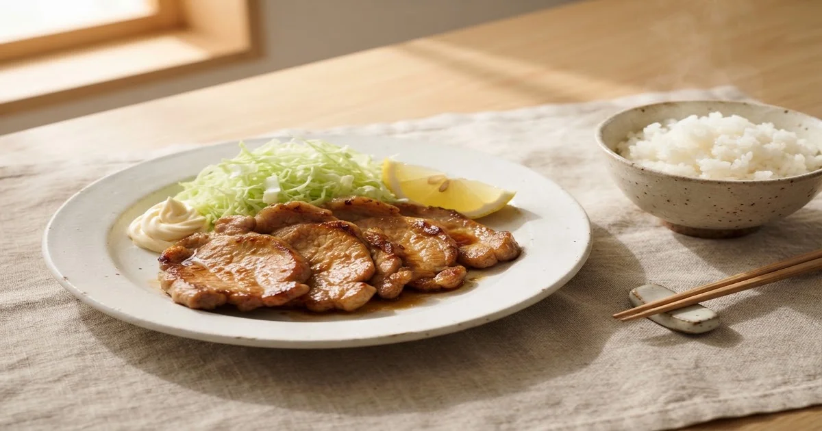 豚の生姜焼きを白い皿に盛り付けた写真