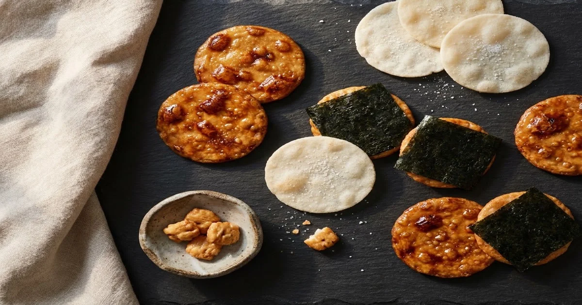Types of senbei rice crackers: soy sauce, salt, and nori
