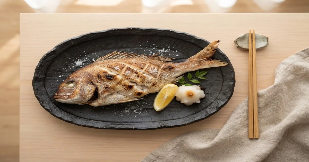 鯛の塩焼き：下ごしらえ済みの鯛に塩を振る様子