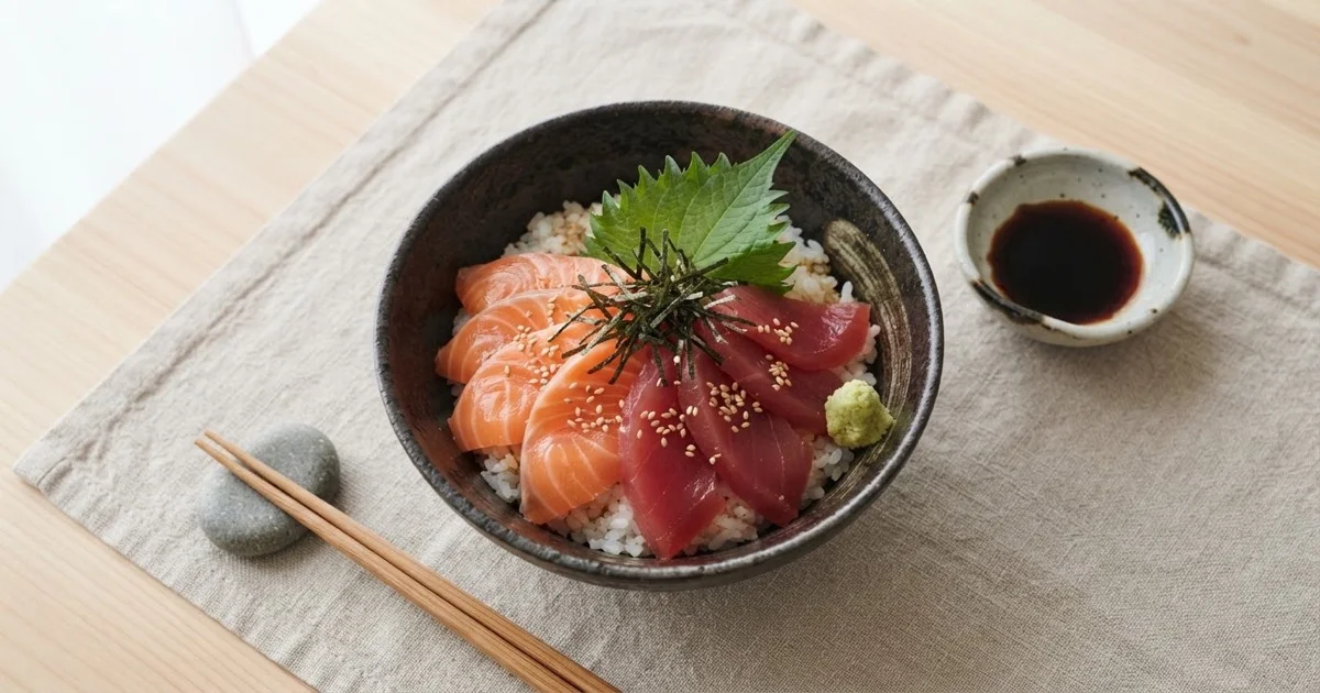 海鮮丼：サーモンとマグロ漬けを盛り付けた一杯