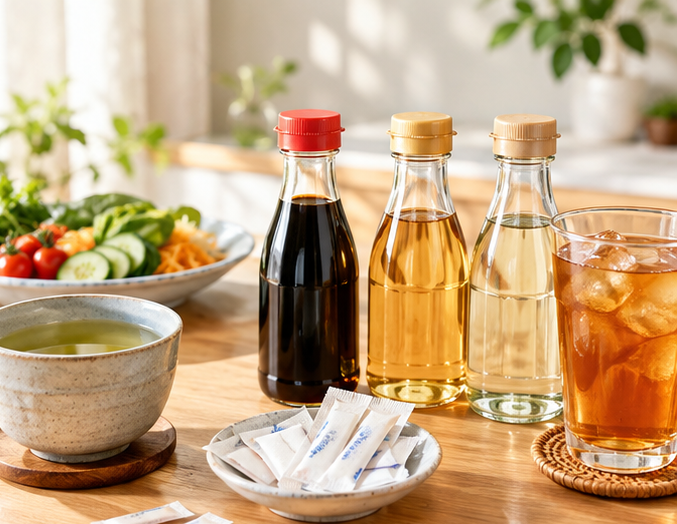 Photo of Japanese condiments and fresh vegetables arranged on a wooden table