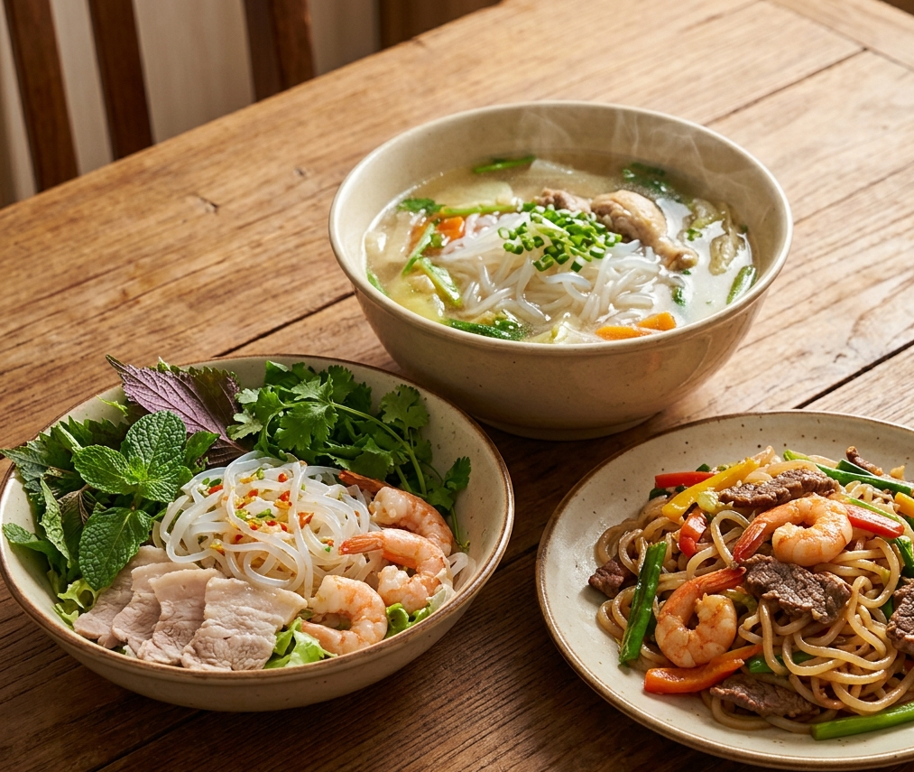 Ảnh sợi bún nưa khô màu trắng đục trên nền gỗ sáng